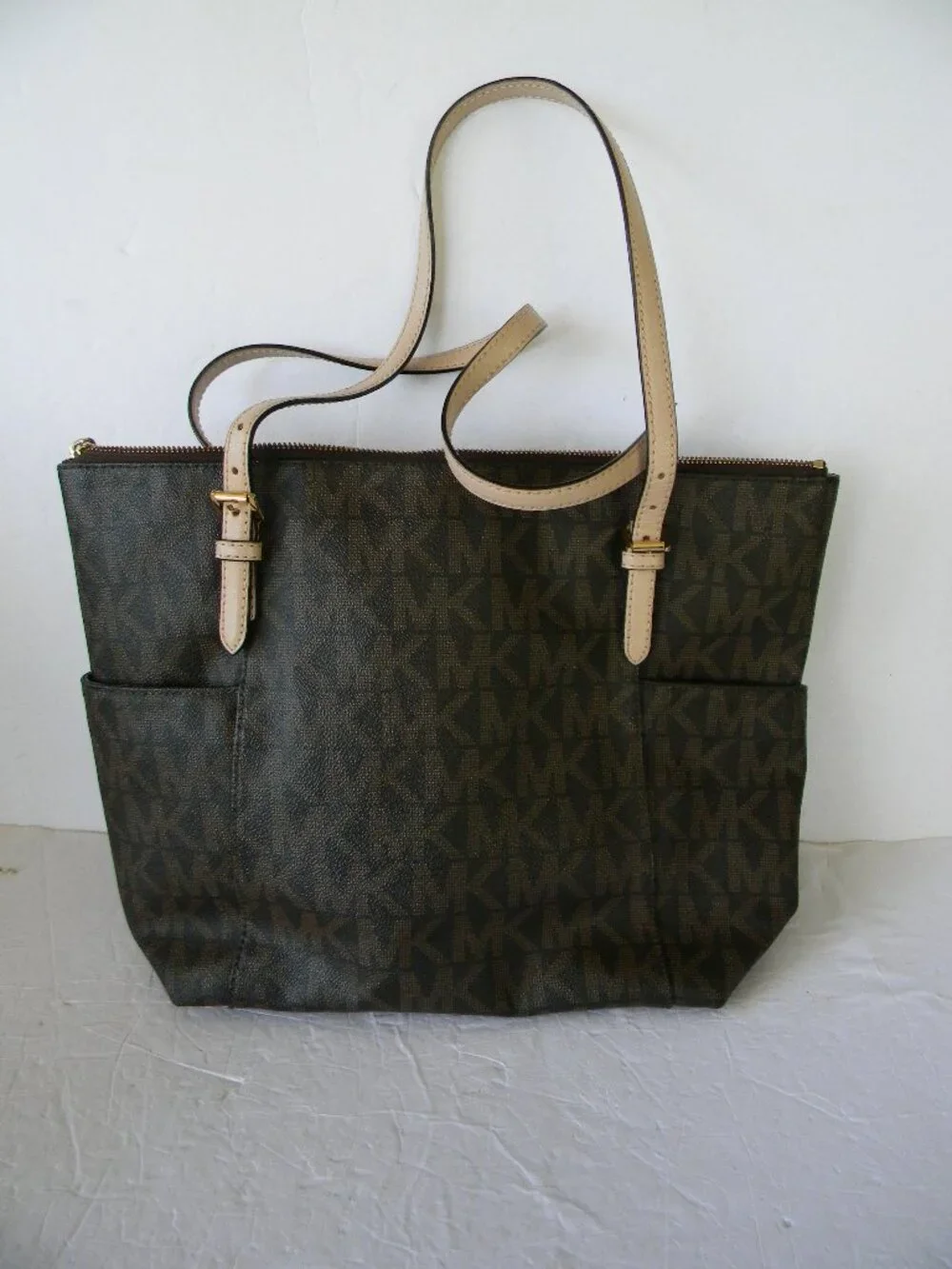 Michael Kors Jet Set Monogram Coated Canvas Tote Bag BROWN/TAN SIDE POCKETS